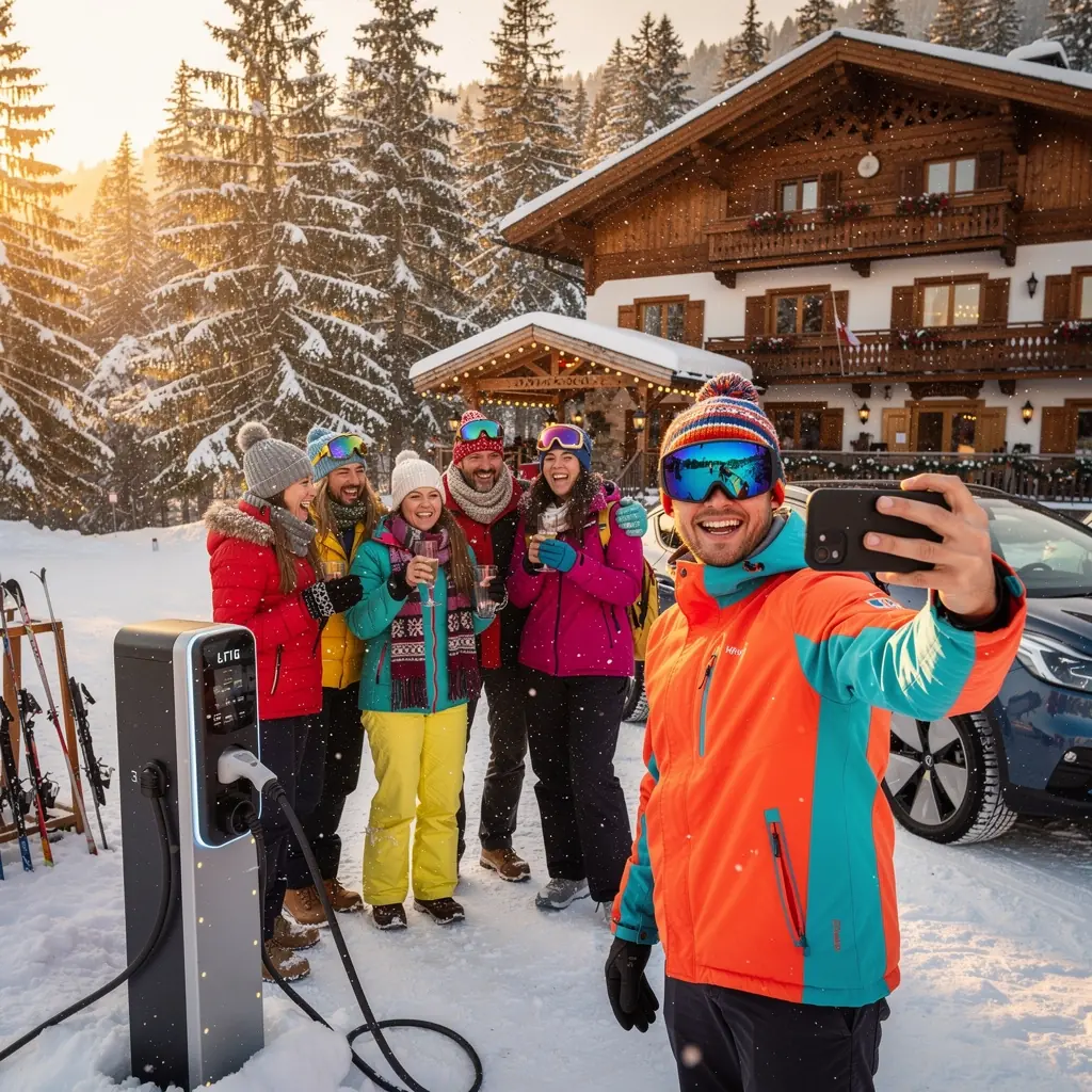 Panoramablick auf ein Skigebiet mit Ladestationen für Elektrofahrzeuge.