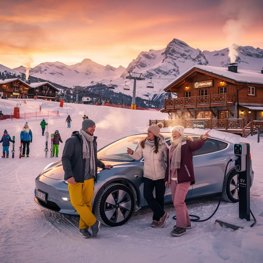 Panoramaansicht eines Skiortes mit sichtbaren Ladestationen für Elektrofahrzeuge.