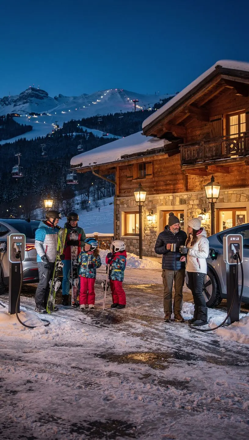 Skifahrer, die ihre Elektroautos an einer modernen Ladestation aufladen.
