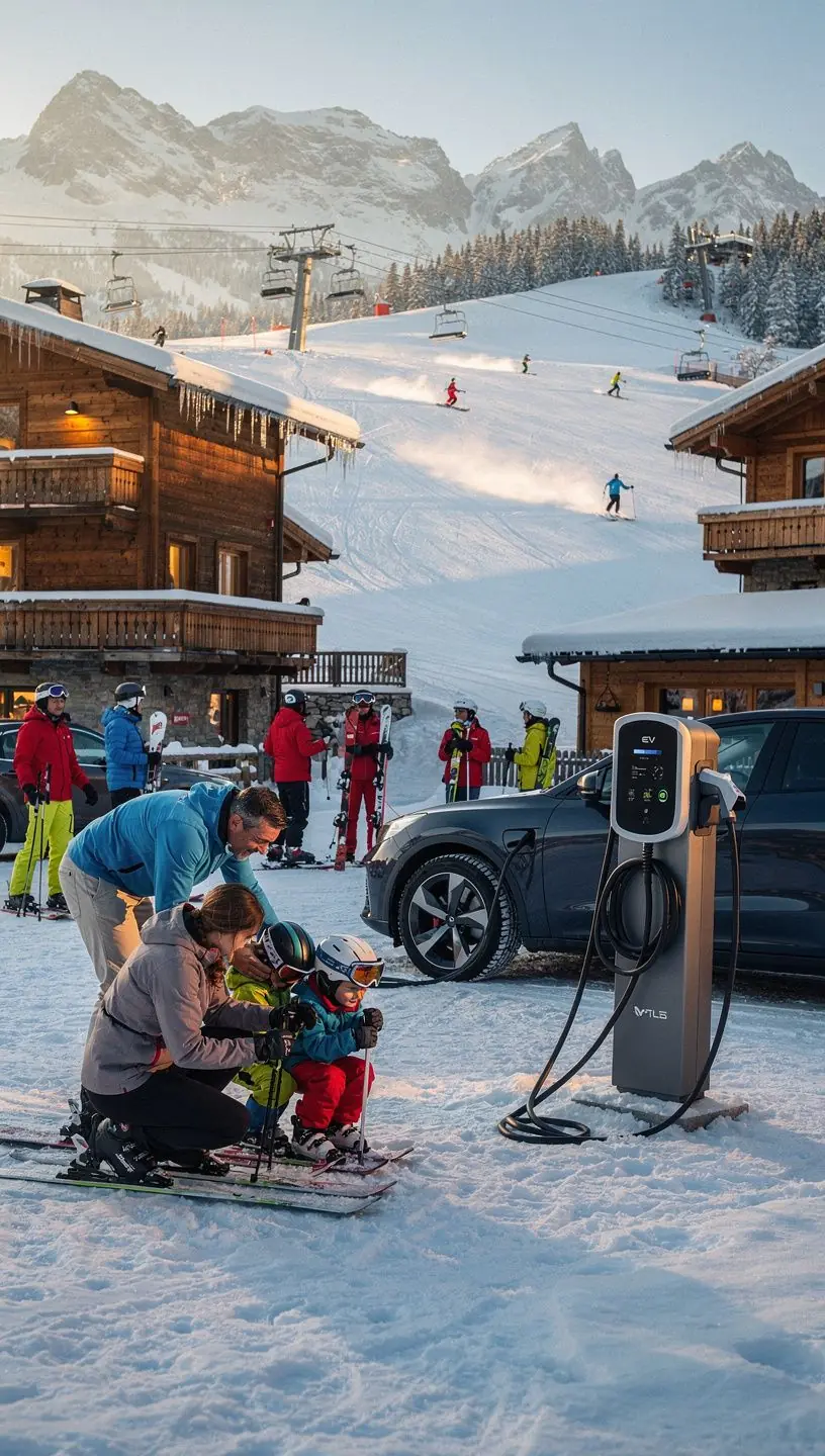 Skifahrer, die ihre Elektroautos an einer modernen Ladestation aufladen.