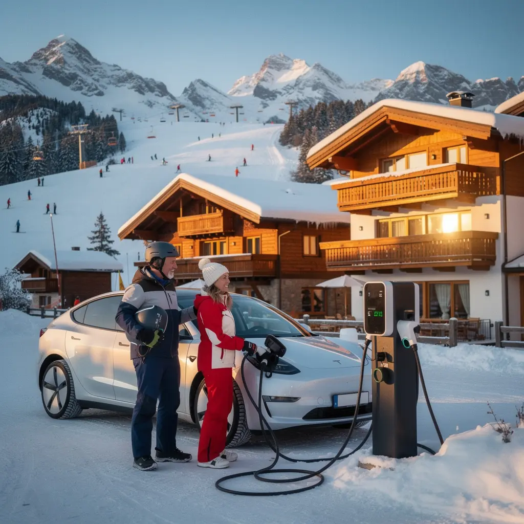 Ladestation für Elektrofahrzeuge inmitten schneebedeckter Berge.