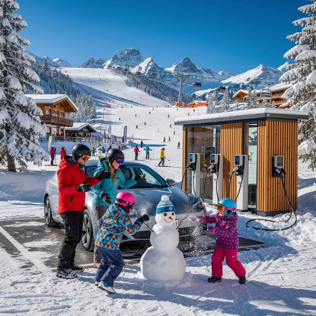Ladestation für Elektrofahrzeuge inmitten einer schneebedeckten Berglandschaft.