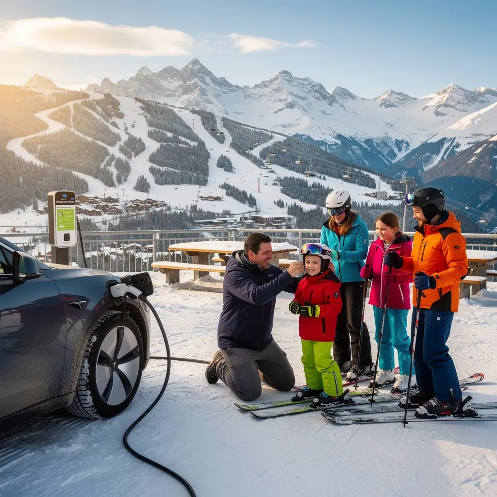 Skifahrer, die ihre Elektroautos an einer modernen Ladeeinrichtung in den Bergen anschlieГџen.