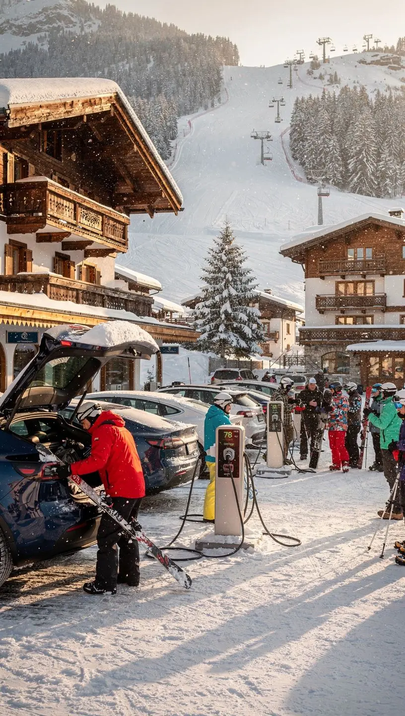 Schneebedeckte Pisten mit einer Ladestation fГјr Elektrofahrzeuge im Vordergrund.