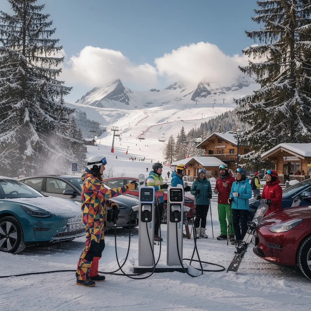 GemГјtliches Berghotel mit Elektroauto-Ladestationen inmitten einer winterlichen Landschaft.