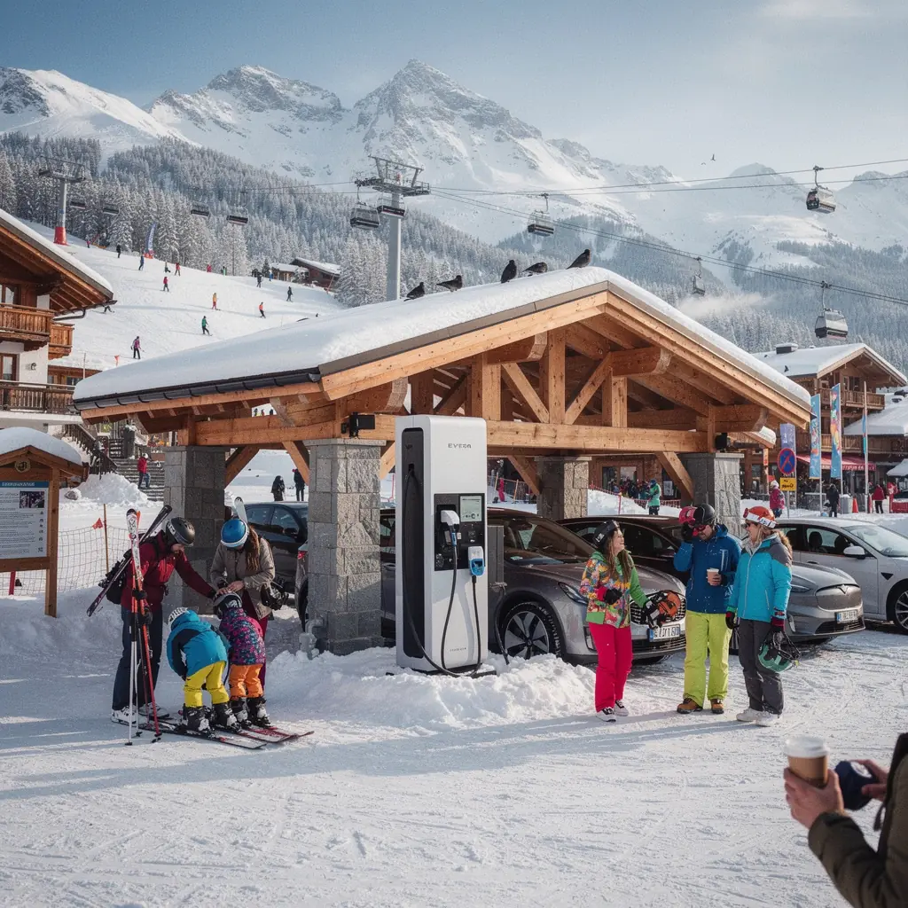 Familie mit Kindern, die nach dem Skifahren an einer Ladestation für Elektroautos stehen.