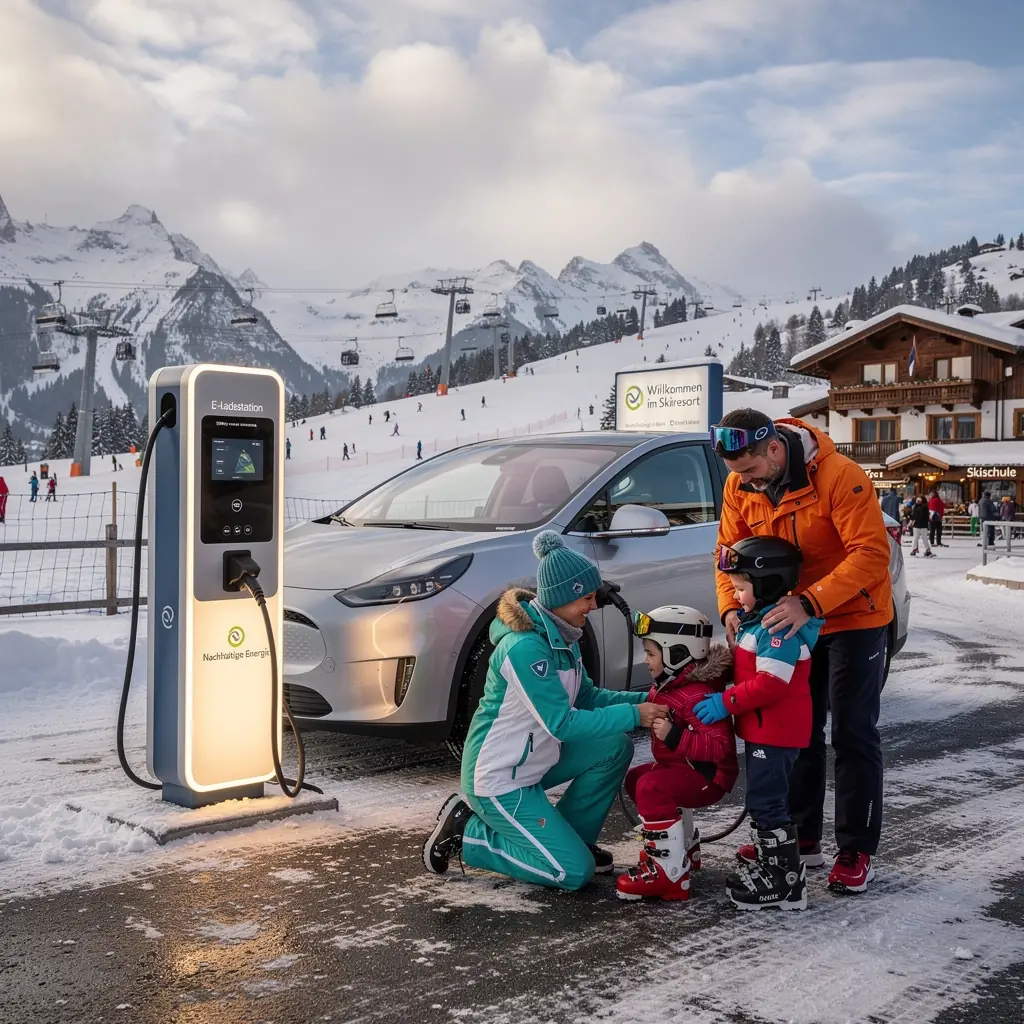 Eingang zum Skigebiet mit deutlich sichtbarer Ladestation für Elektrofahrzeuge.