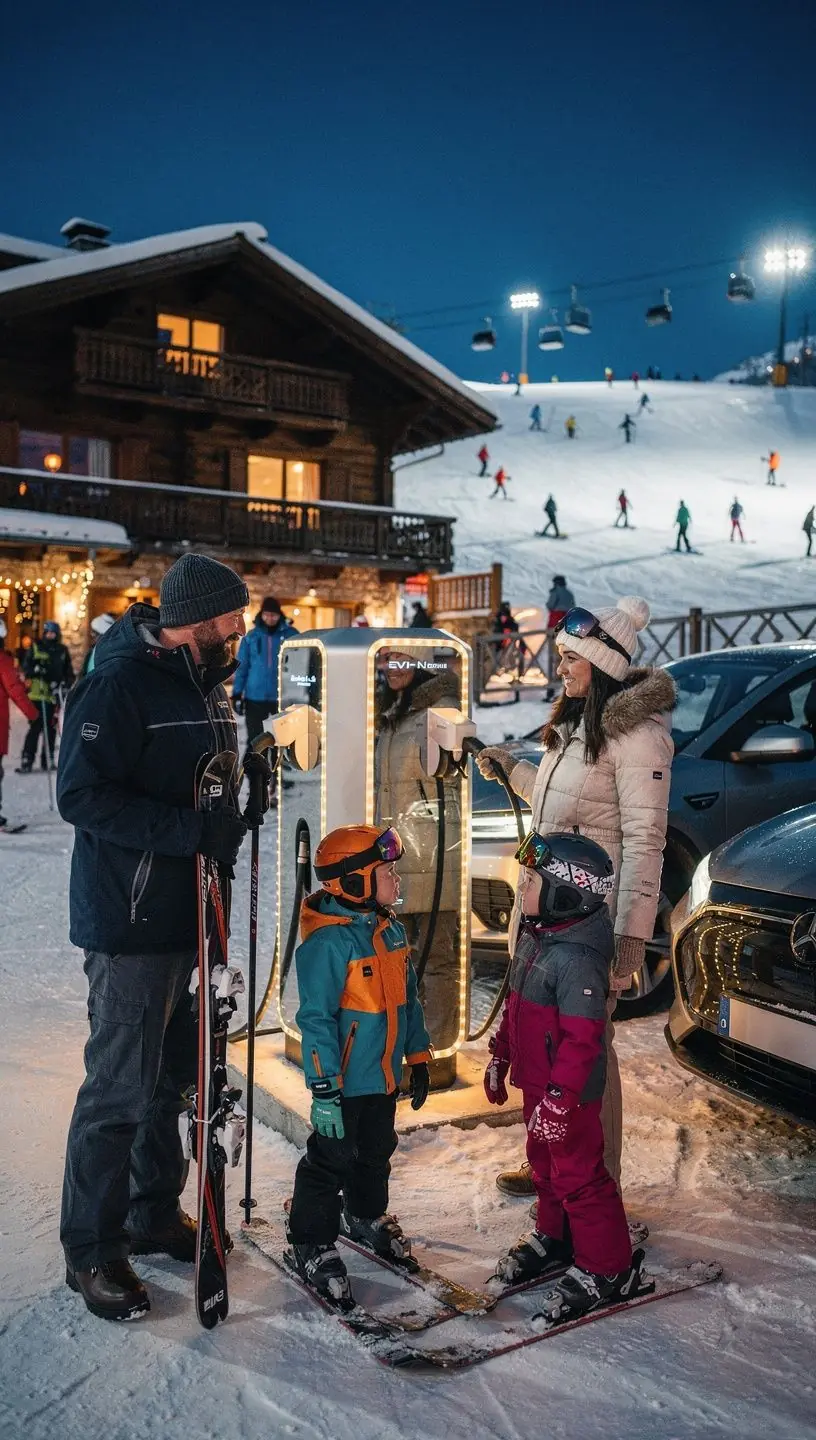 Ladestation fГјr Elektrofahrzeuge vor einem malerischen Skiresort in den Г¶sterreichischen Alpen.