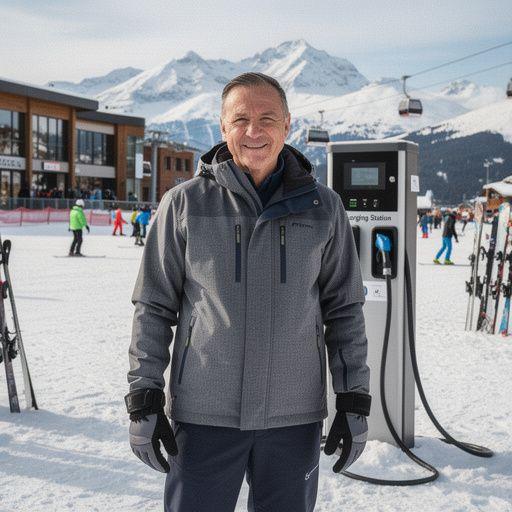 Familie beim Skifahren mit Elektroauto-Ladestation im Hintergrund.