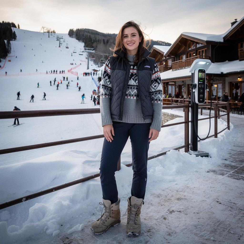 Nahaufnahme einer Ladestation für Elektroautos neben einem Skilift.