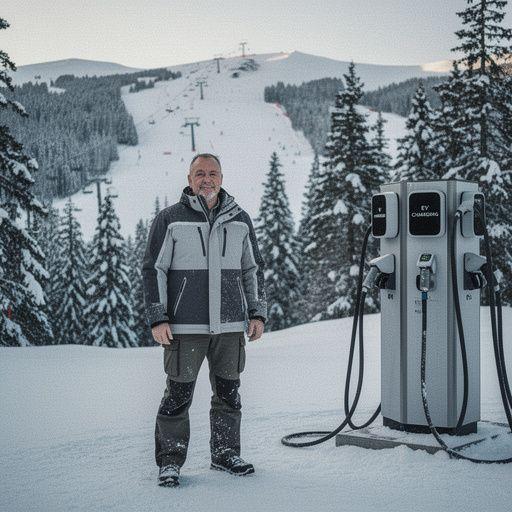 Winterliche Berglandschaft mit Elektrofahrzeugen, die an Ladestationen parken.