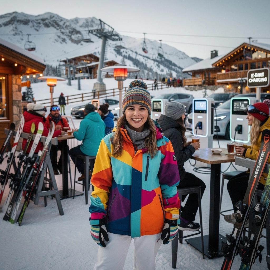 Skireisende an einer Ladestation, während sie die Wintersonne genießen.