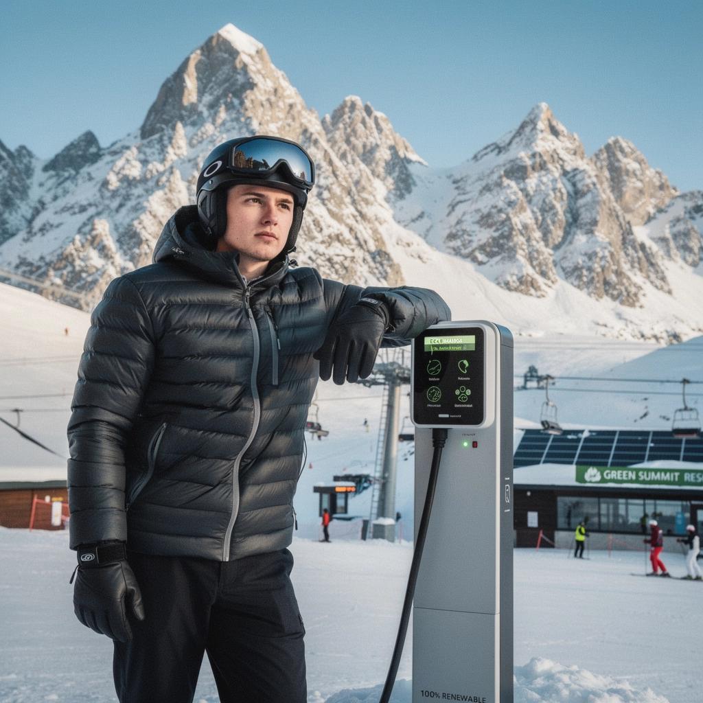 Landschaftsaufnahme eines Skigebiets mit umweltfreundlichen Ladestationen.